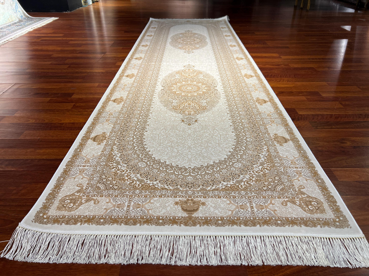 3x10 Beige Gold Bamboo Silk Runner Rug, Luxury Hallway Rug, Turkish Decor