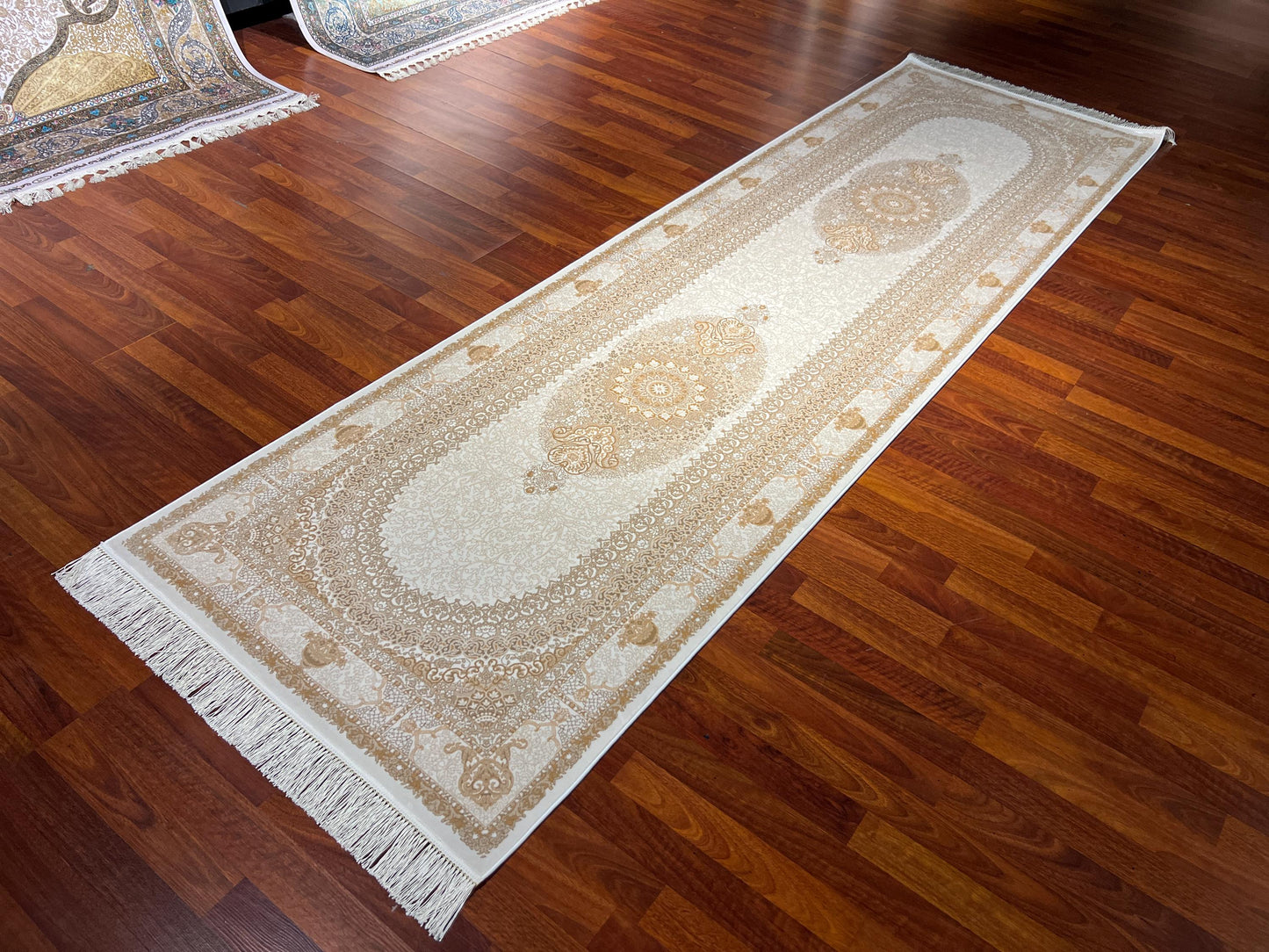 3x10 Beige Gold Bamboo Silk Runner Rug, Luxury Hallway Rug, Turkish Decor