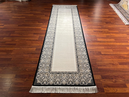 3x10 Beige Black Bamboo Silk Runner Rug, Luxury Hallway Rug, Turkish Decor