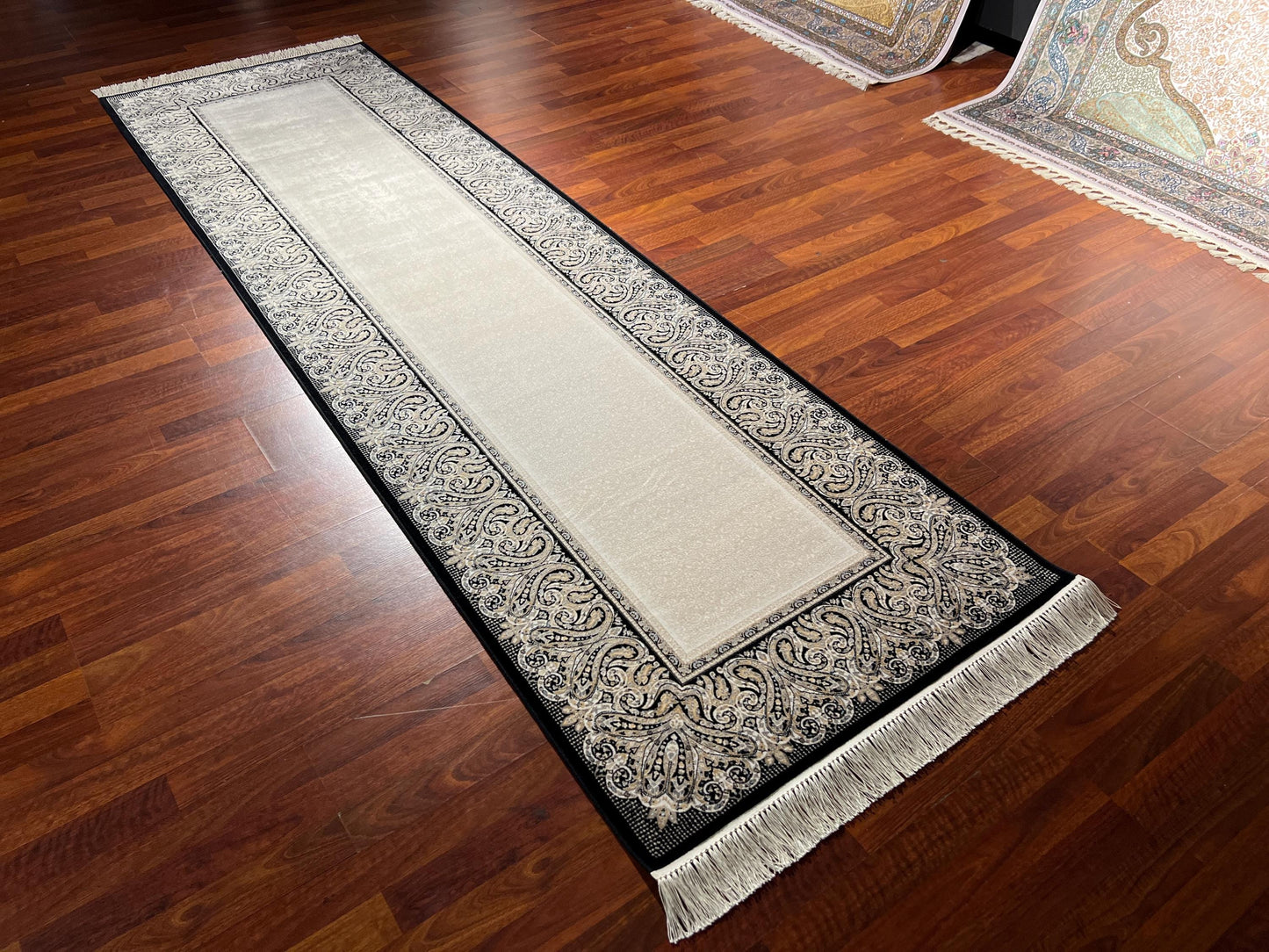 3x10 Beige Black Bamboo Silk Runner Rug, Luxury Hallway Rug, Turkish Decor