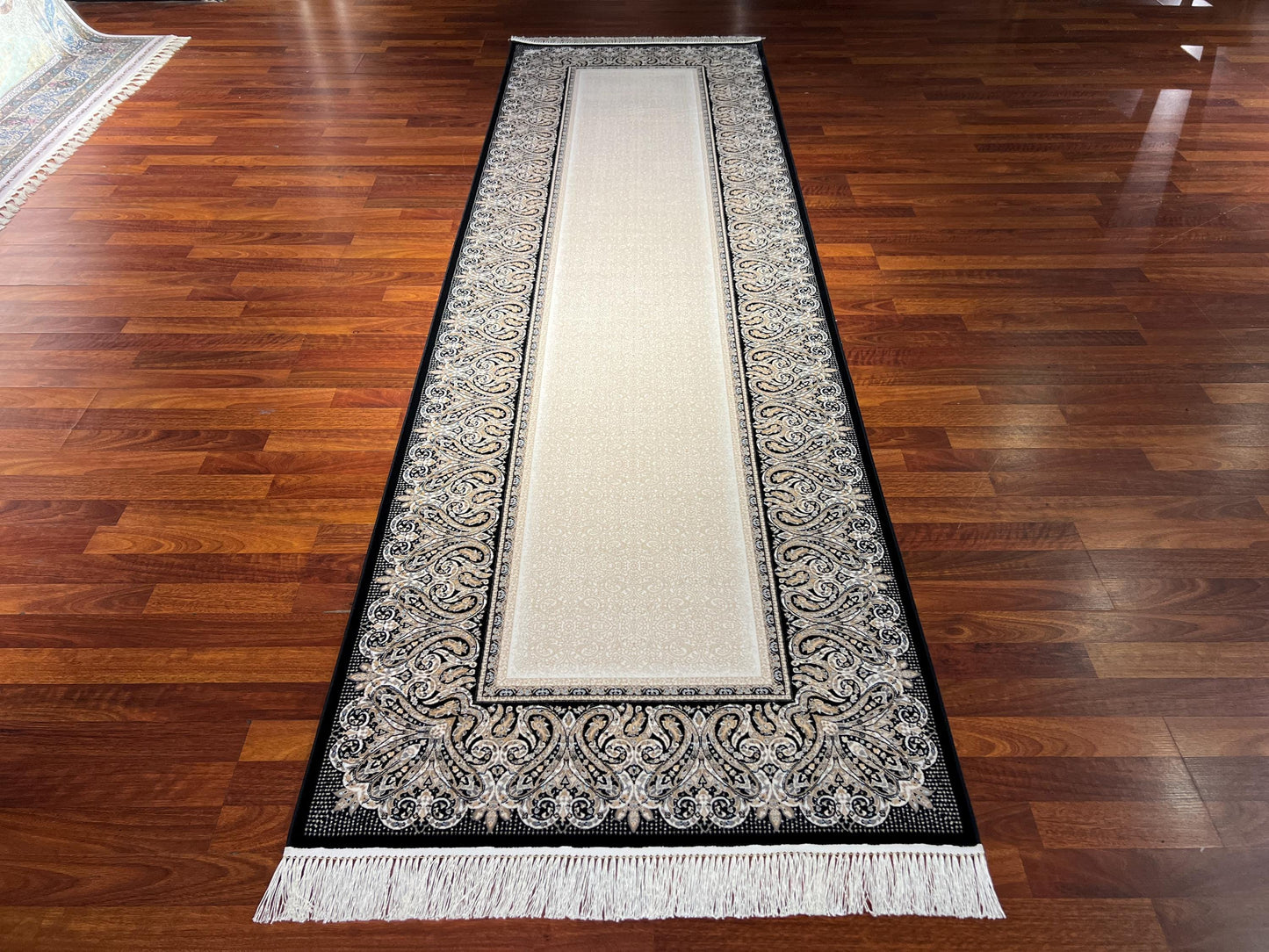 3x10 Beige Black Bamboo Silk Runner Rug, Luxury Hallway Rug, Turkish Decor