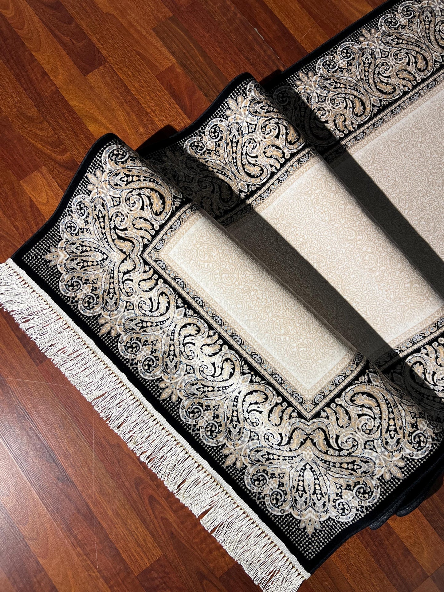3x10 Beige Black Bamboo Silk Runner Rug, Luxury Hallway Rug, Turkish Decor