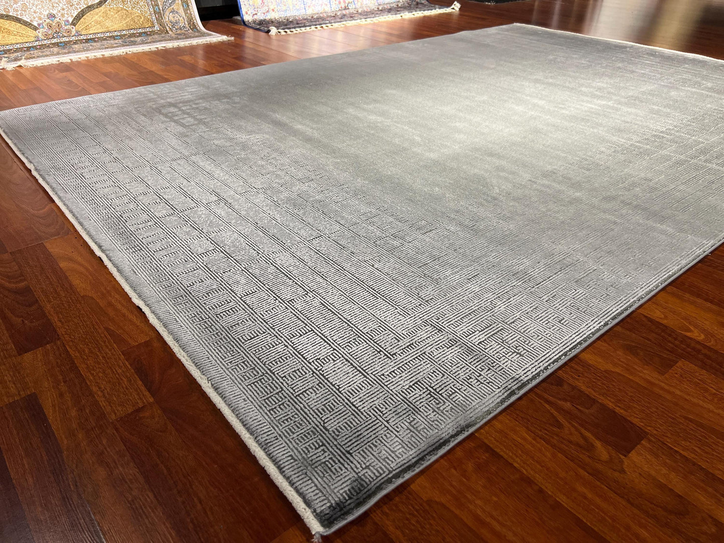 Gray Modern Rug 7x10, Geometric Living Room Rug, Bamboo Acrylic Carpet, Minimalist Large Rug