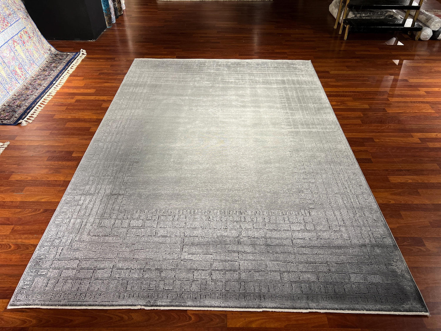 Gray Modern Rug 7x10, Geometric Living Room Rug, Bamboo Acrylic Carpet, Minimalist Large Rug