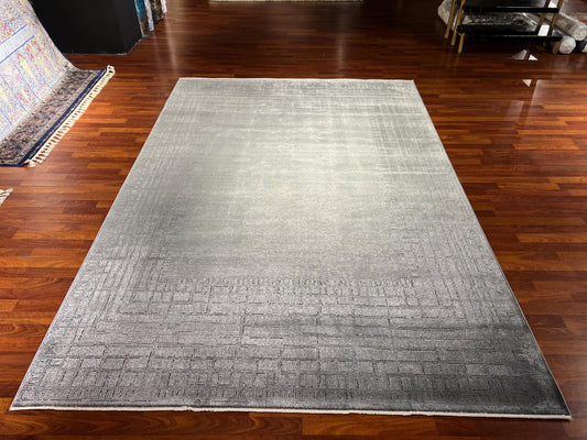 Gray Modern Rug 7x10, Geometric Living Room Rug, Bamboo Acrylic Carpet, Minimalist Large Rug