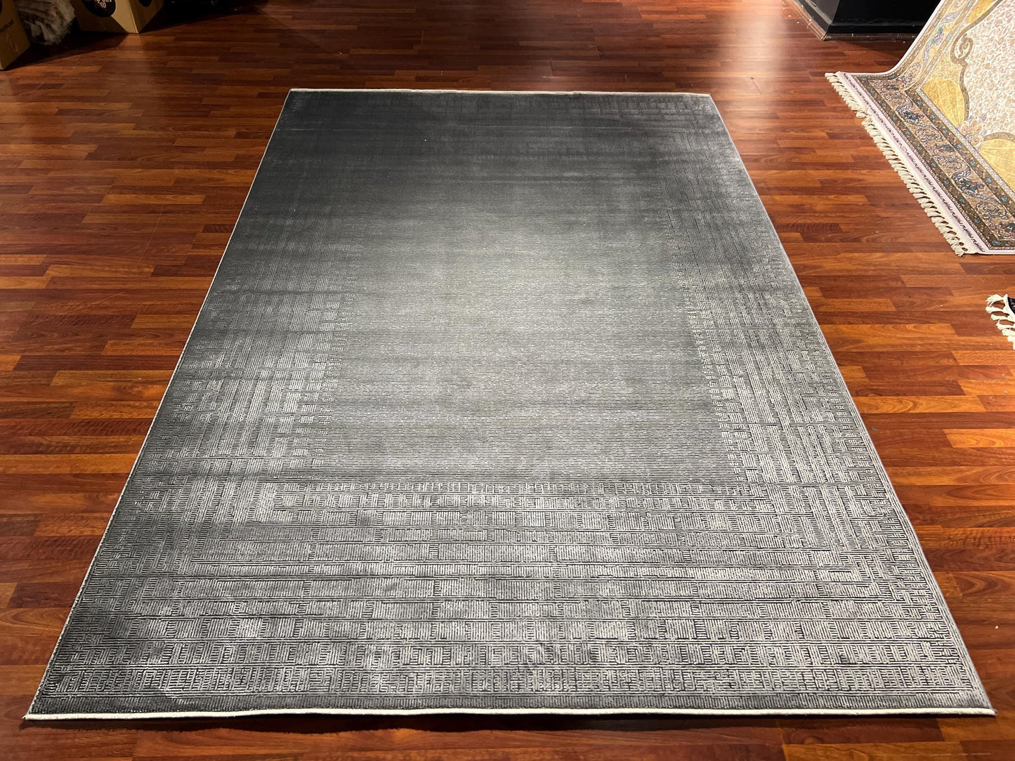Gray Modern Rug 7x10, Geometric Living Room Rug, Bamboo Acrylic Carpet, Minimalist Large Rug