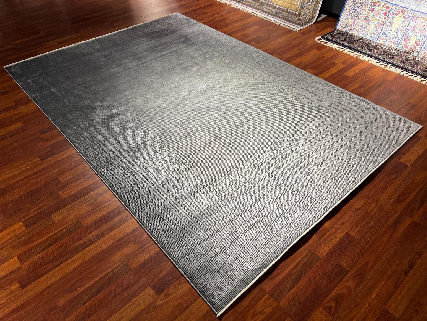 Gray Modern Rug 7x10, Geometric Living Room Rug, Bamboo Acrylic Carpet, Minimalist Large Rug