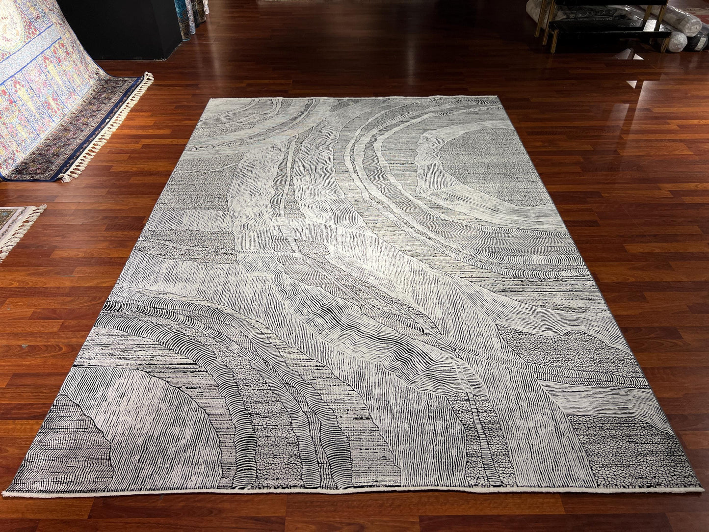 Gray Modern Rug 7x10, Abstract Living Room Rug, Bamboo Acrylic Carpet, Large Contemporary Rug