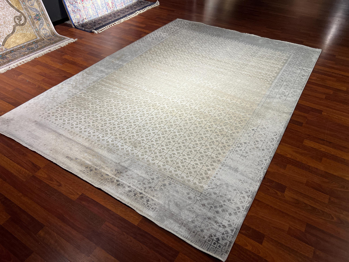 Beige Gray Rug 7x10, Modern Bamboo Carpet, Living Room Rug, Large Area Rug, Luxury Decor