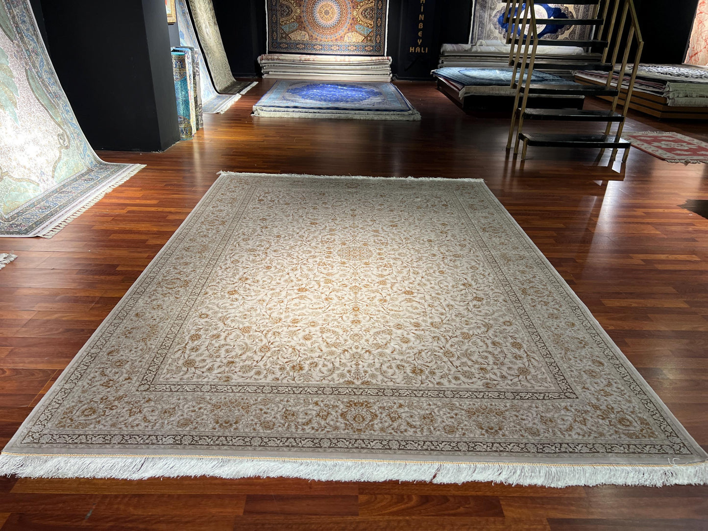 Beige Gold Silk Rug 7x10, Luxury Living Room Rug, Palace Silk Carpet, Turkish Silk Rug, Large Rug
