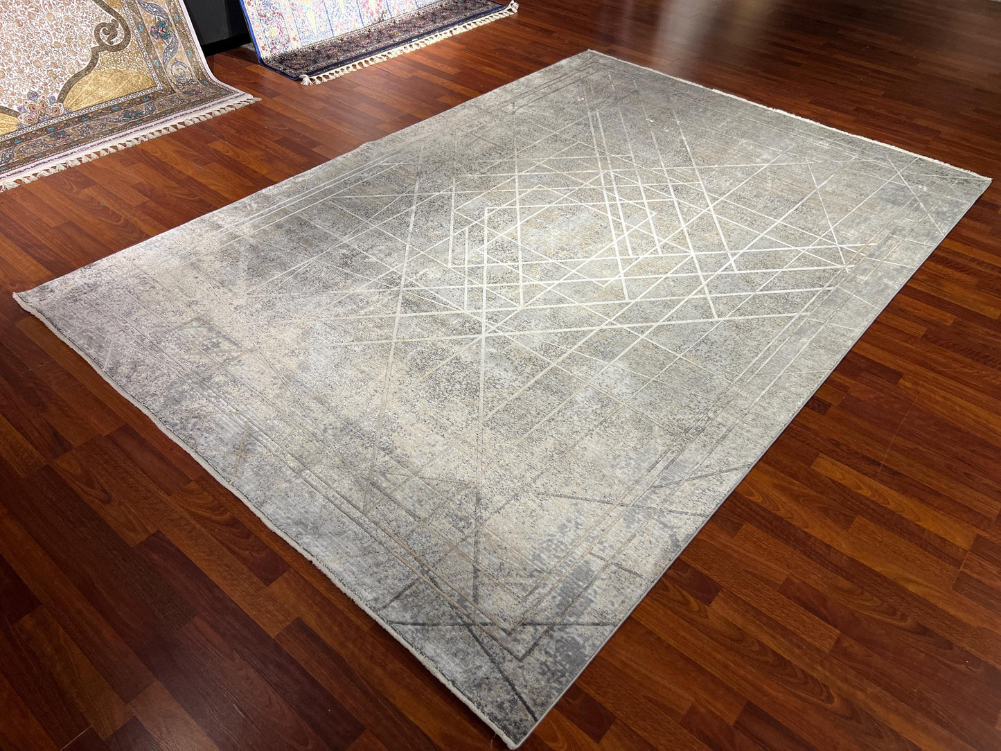Gray Beige Bamboo Rug 7x10, Modern Living Room Rug, Luxury Area Rug, Large Carpet, Minimalist Rug