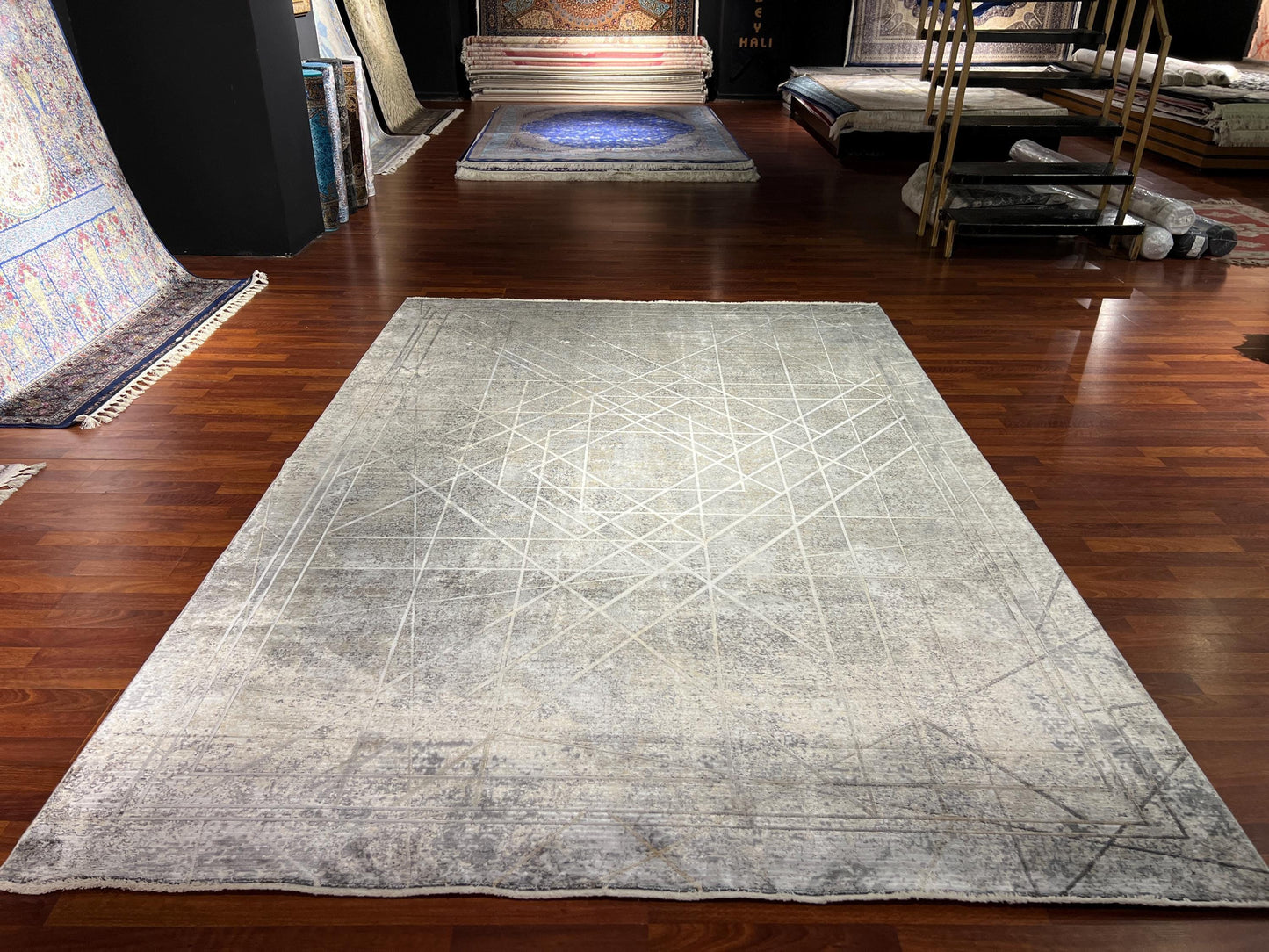 Gray Beige Bamboo Rug 7x10, Modern Living Room Rug, Luxury Area Rug, Large Carpet, Minimalist Rug