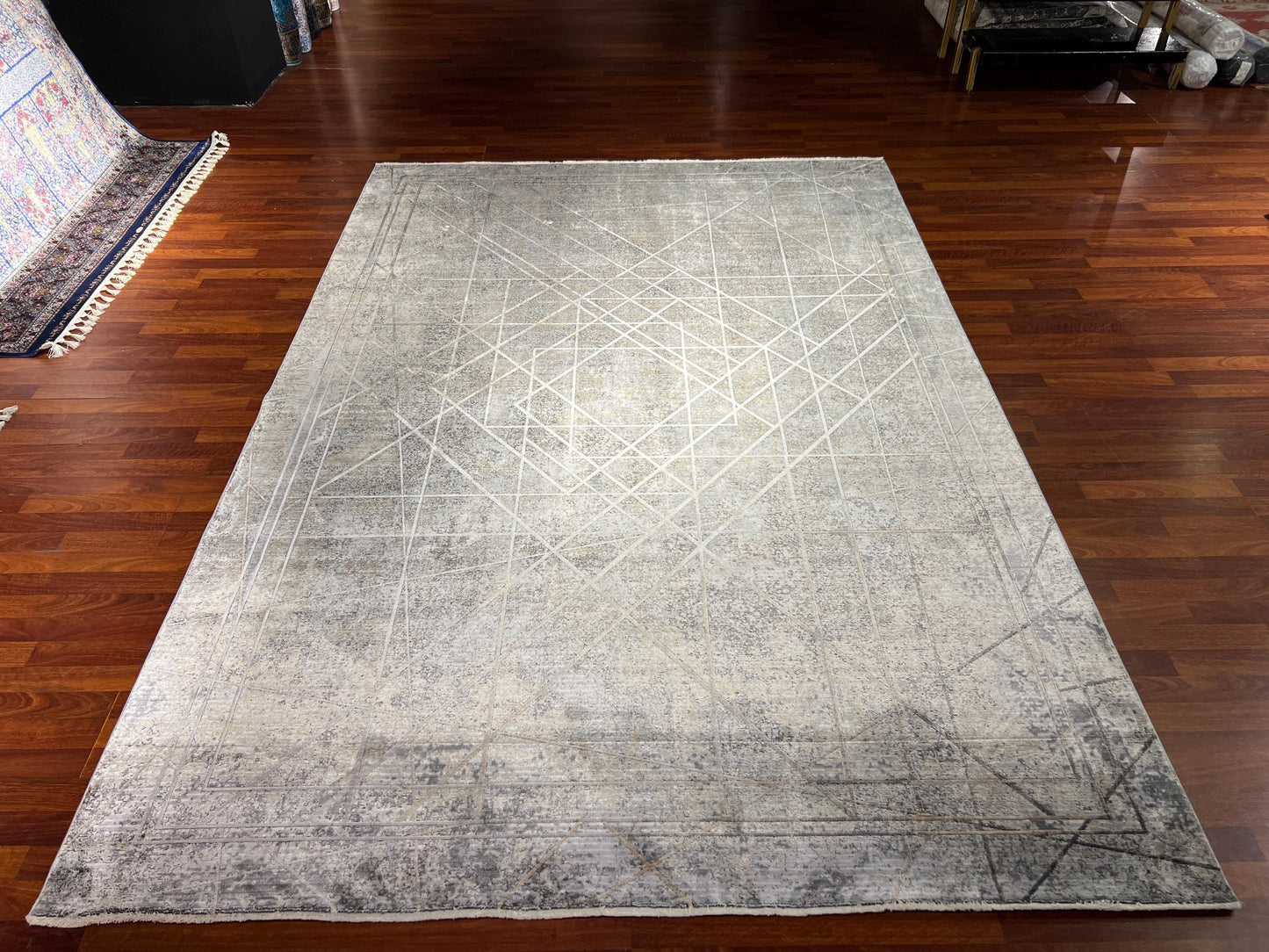 Gray Beige Bamboo Rug 7x10, Modern Living Room Rug, Luxury Area Rug, Large Carpet, Minimalist Rug