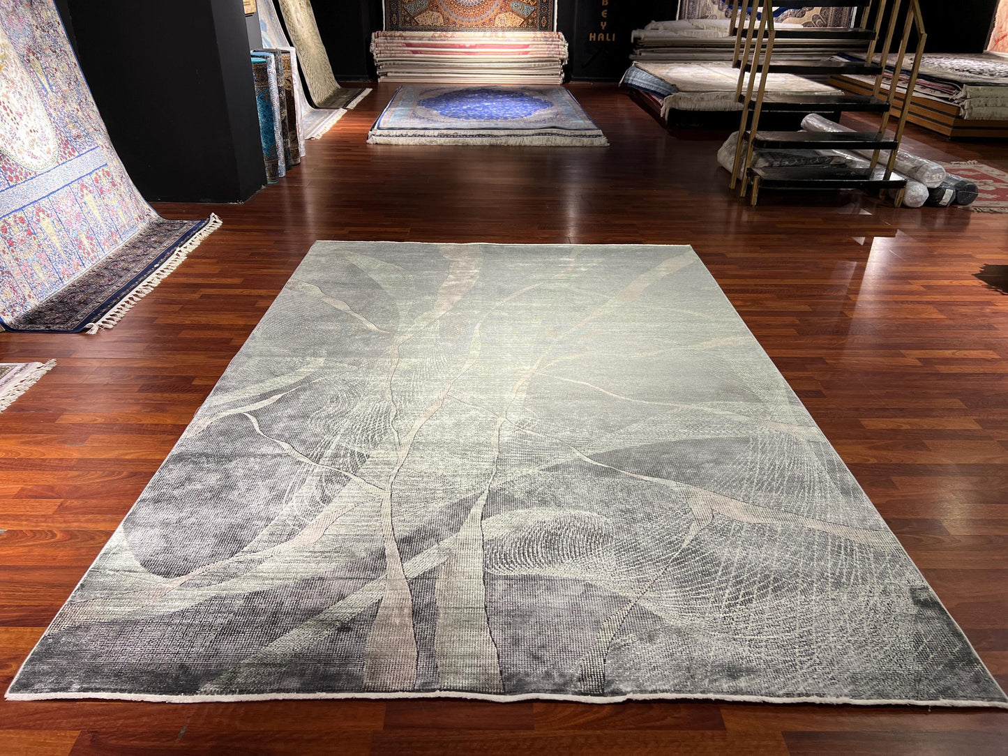 7x10 ft Gray Modern Bamboo Rug , Abstract Living Room Rug, Luxury Area Rug, Large Carpet, Contemporary Rug