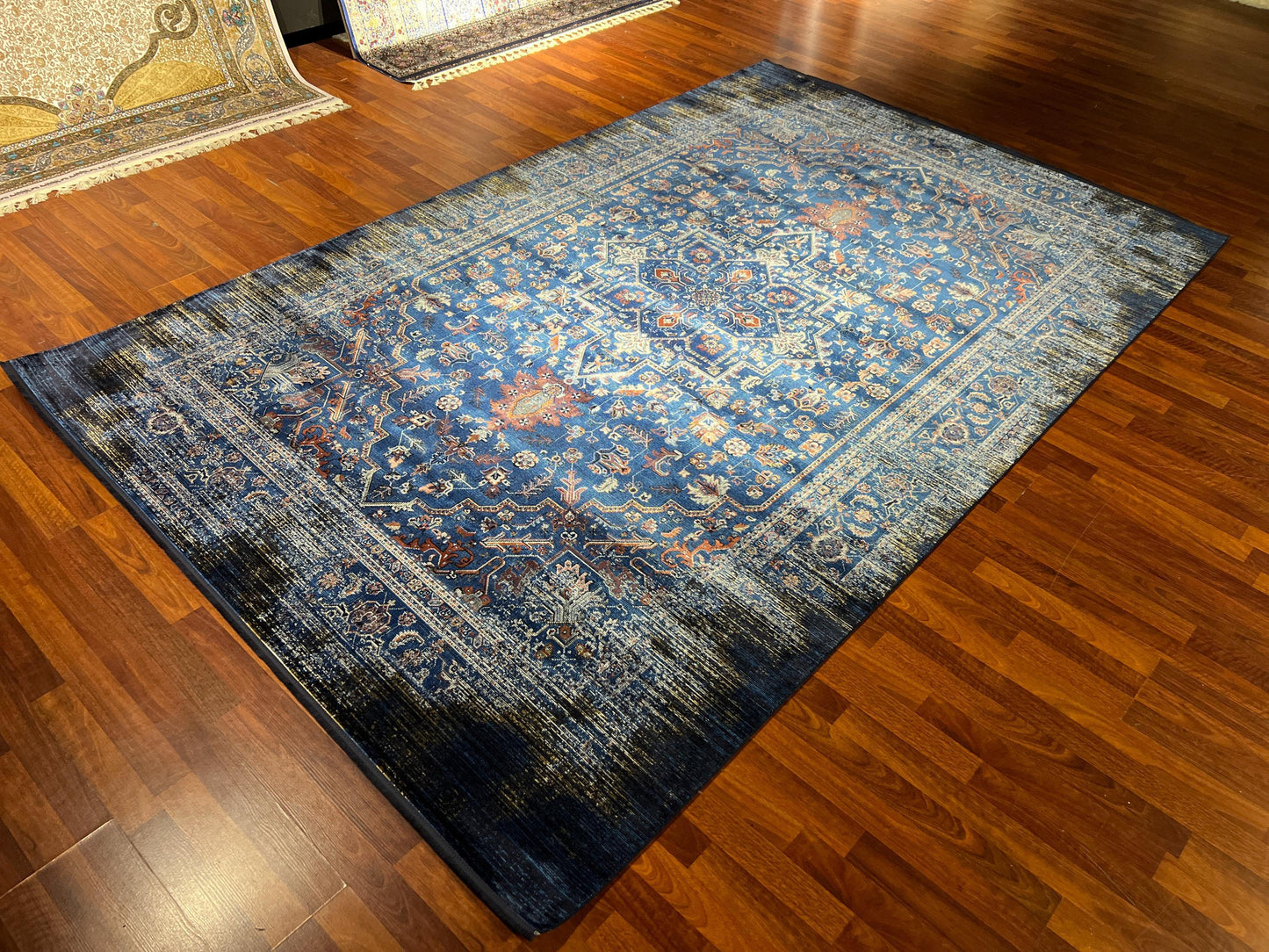Blue Oriental Silk Rug 7x10, Medallion Pattern Rug, Luxury Living Room Rug, Turkish Silk Carpet, Large Rug