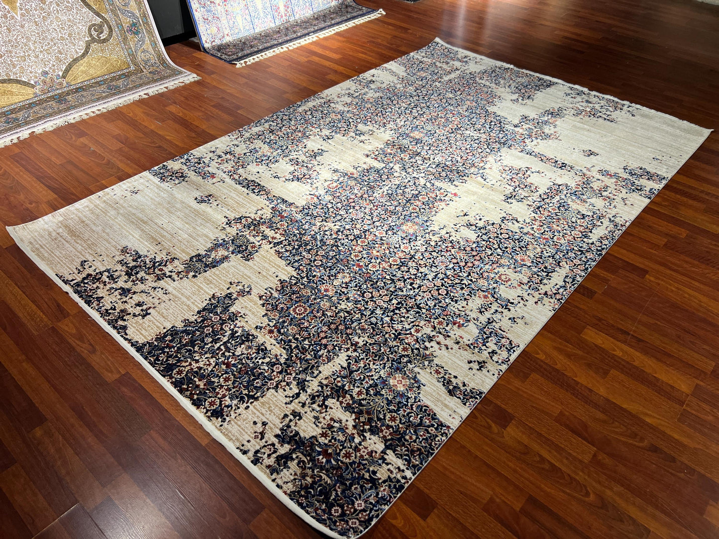 Blue Beige Silk Rug 7x10, Modern Abstract Rug, Luxury Living Room Rug, Turkish Silk Carpet, Large Rug