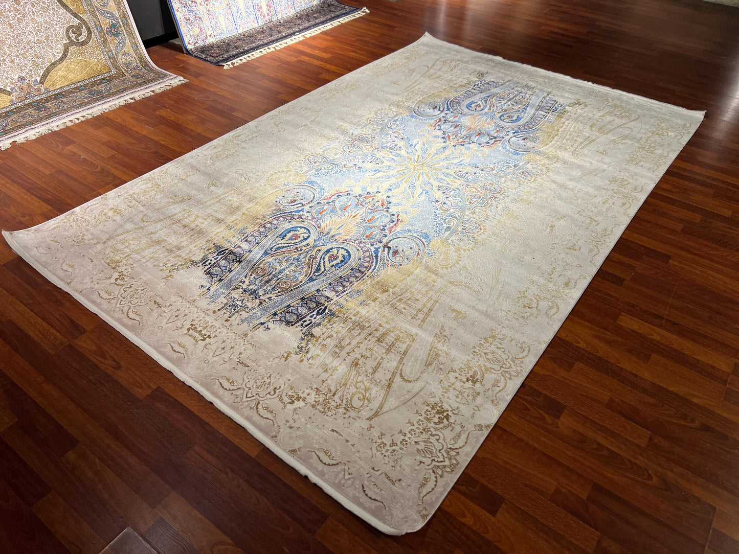 7x10 ft Gold Blue Silk Rug , Luxury Living Room Rug, Palace Style Rug, Turkish Silk Carpet, Large Rug