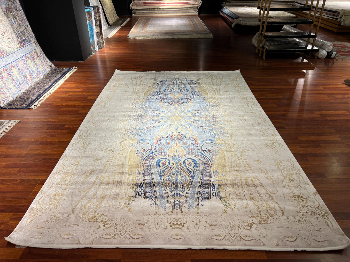 7x10 ft Gold Blue Silk Rug , Luxury Living Room Rug, Palace Style Rug, Turkish Silk Carpet, Large Rug