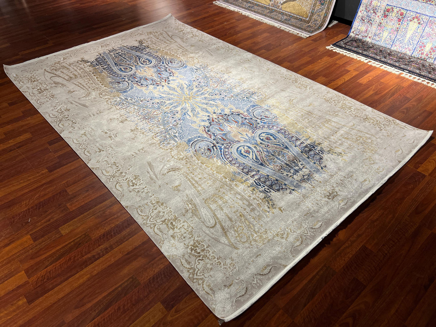 7x10 ft Gold Blue Silk Rug , Luxury Living Room Rug, Palace Style Rug, Turkish Silk Carpet, Large Rug