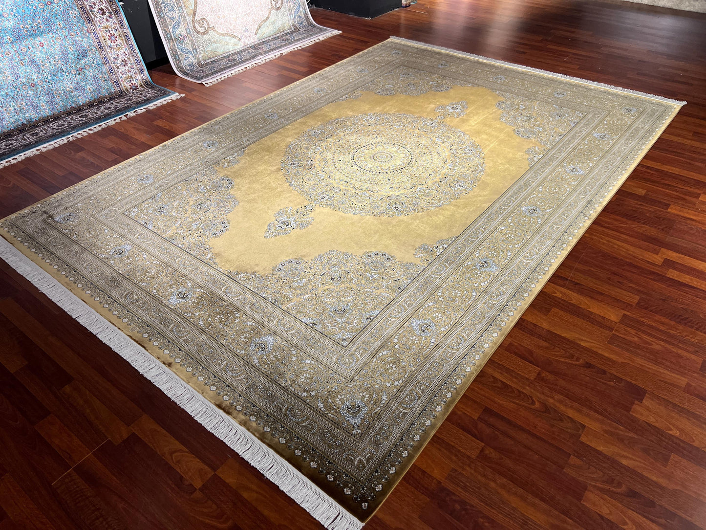 Gold Silk Rug 7x10, Luxury Living Room Rug, Oriental Silk Carpet, Turkish Silk Rug, Large Rug