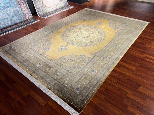 Gold Silk Rug 7x10, Luxury Living Room Rug, Oriental Silk Carpet, Turkish Silk Rug, Large Rug