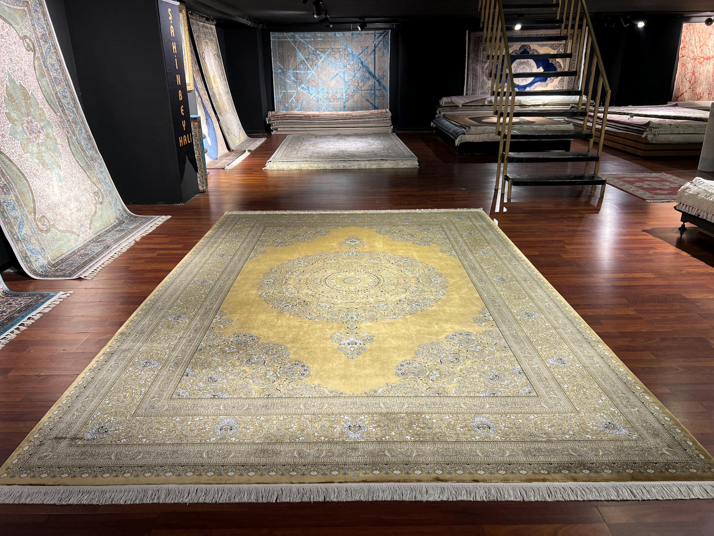 Gold Silk Rug 7x10, Luxury Living Room Rug, Oriental Silk Carpet, Turkish Silk Rug, Large Rug