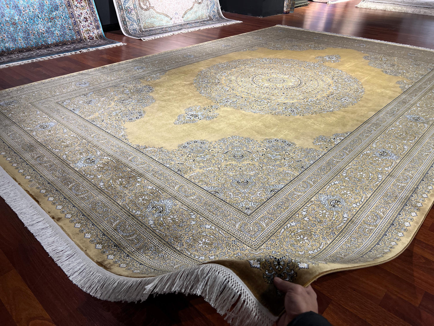 Gold Silk Rug 7x10, Luxury Living Room Rug, Oriental Silk Carpet, Turkish Silk Rug, Large Rug