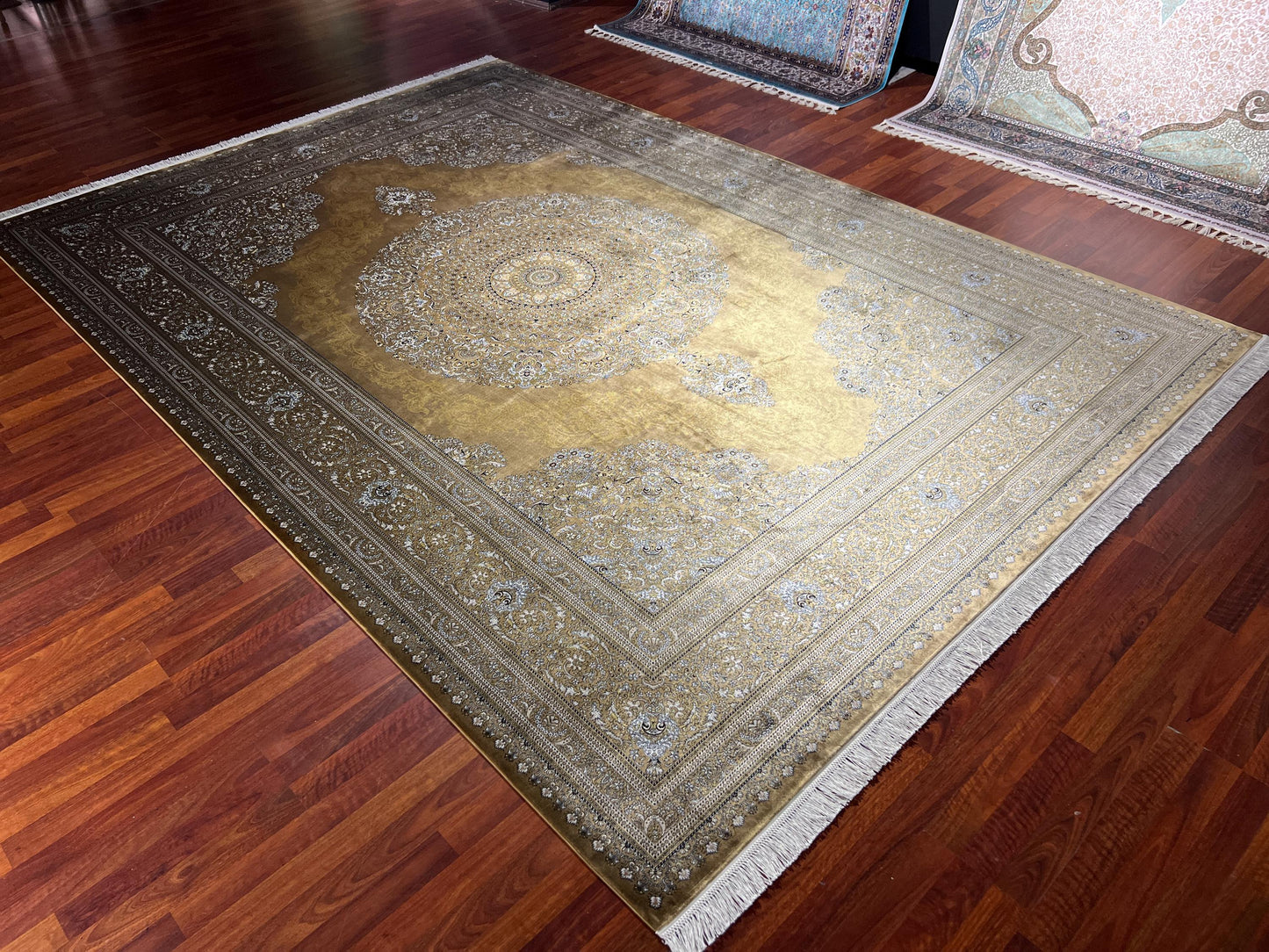 Gold Silk Rug 7x10, Luxury Living Room Rug, Oriental Silk Carpet, Turkish Silk Rug, Large Rug