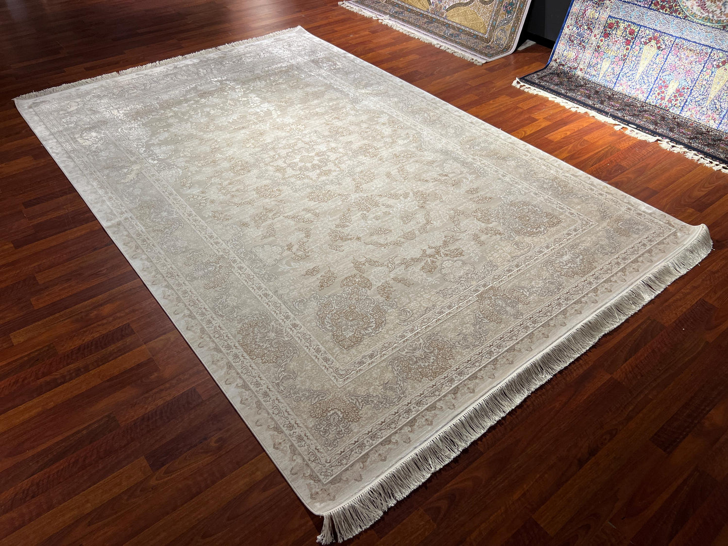 Cream Silk Rug 7x10, Beige Bamboo Silk Rug, Luxury Living Room Rug, Turkish Area Rug, Large Rug