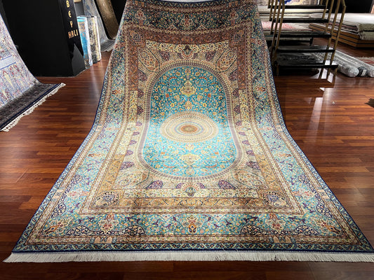 7x10 Silk Rug, Blue Medallion Rug, Turkish Silk Carpet, Luxury Living Room Rug, Oriental Silk Rug