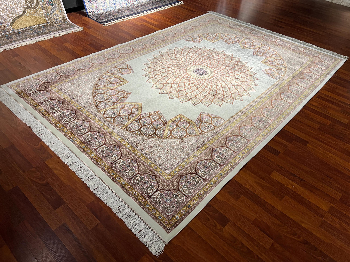 7x10 Silk Rug, Beige Silk Rug, Turkish Silk Carpet, Luxury Living Room Rug, Oriental Silk Rug