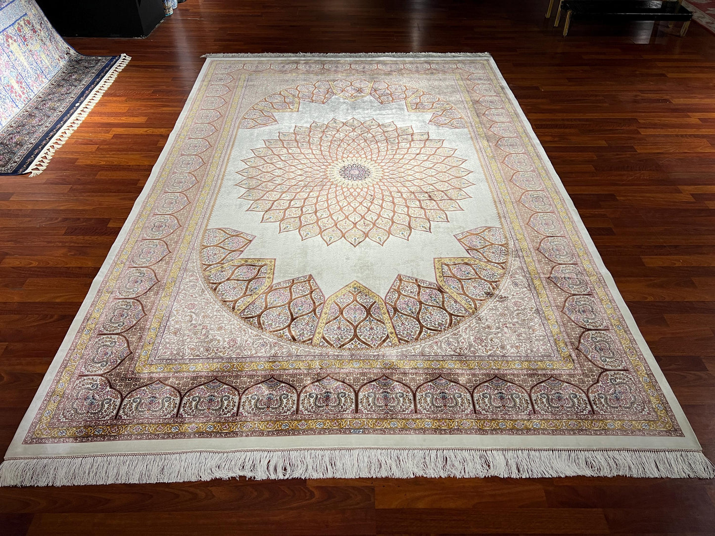 7x10 Silk Rug, Beige Silk Rug, Turkish Silk Carpet, Luxury Living Room Rug, Oriental Silk Rug