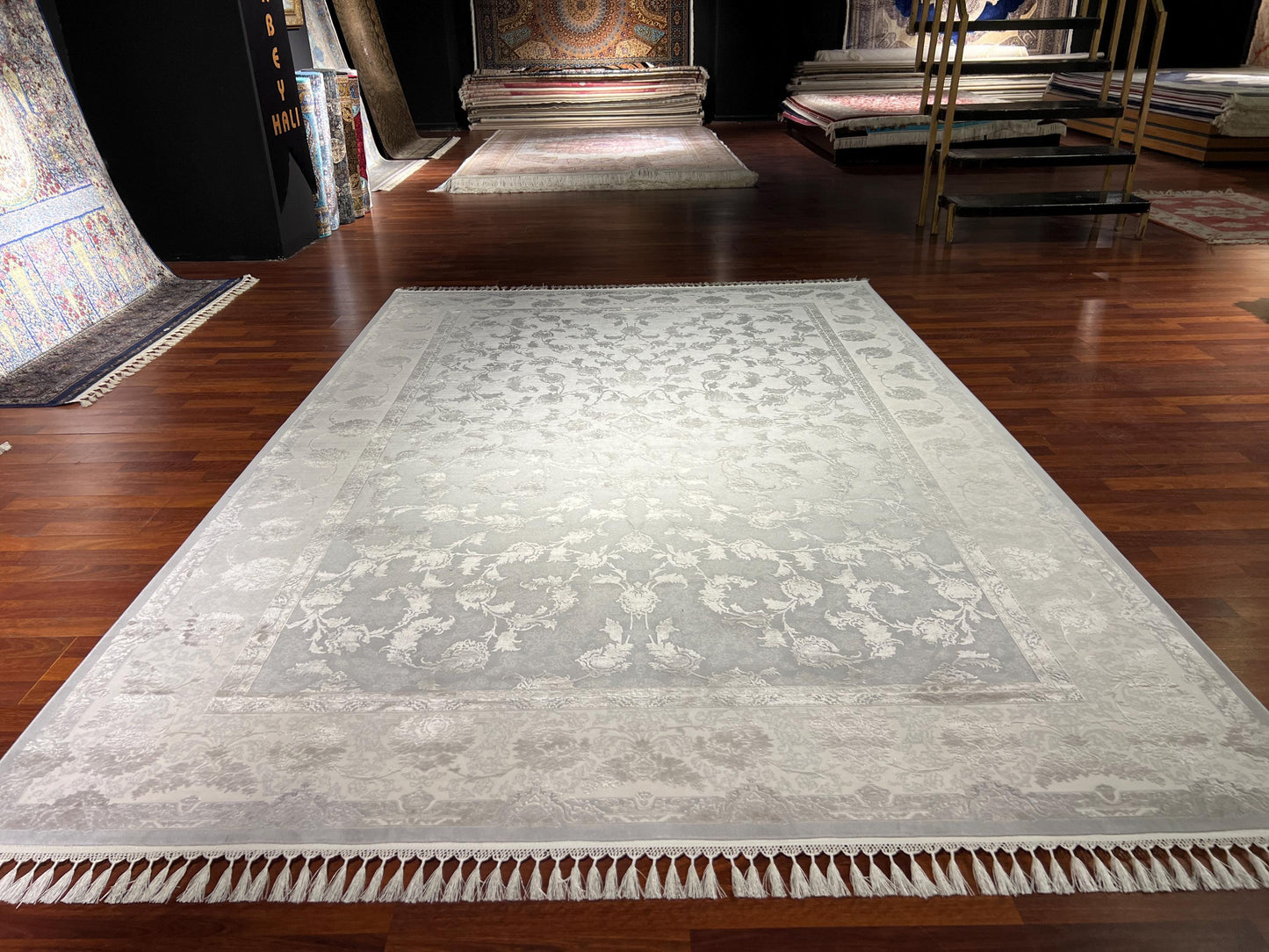 7x10 Bamboo Rug, Gray Beige Rug, Turkish Area Rug, Luxury Living Room Rug, Large Rug