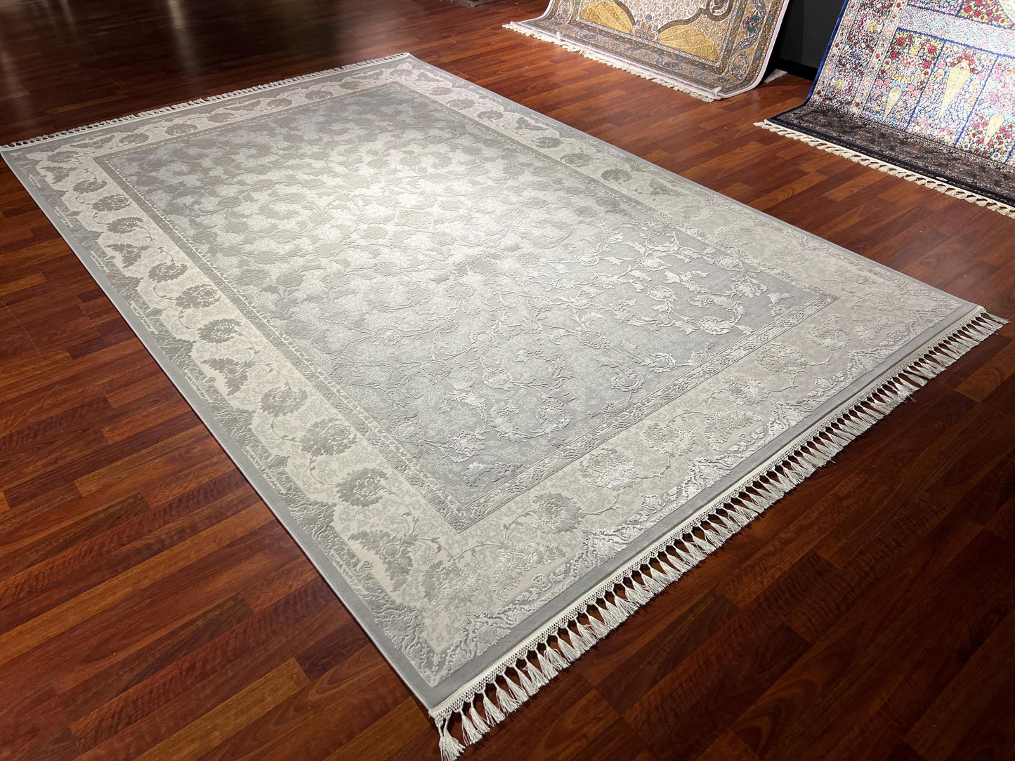 7x10 Bamboo Rug, Gray Beige Rug, Turkish Area Rug, Luxury Living Room Rug, Large Rug