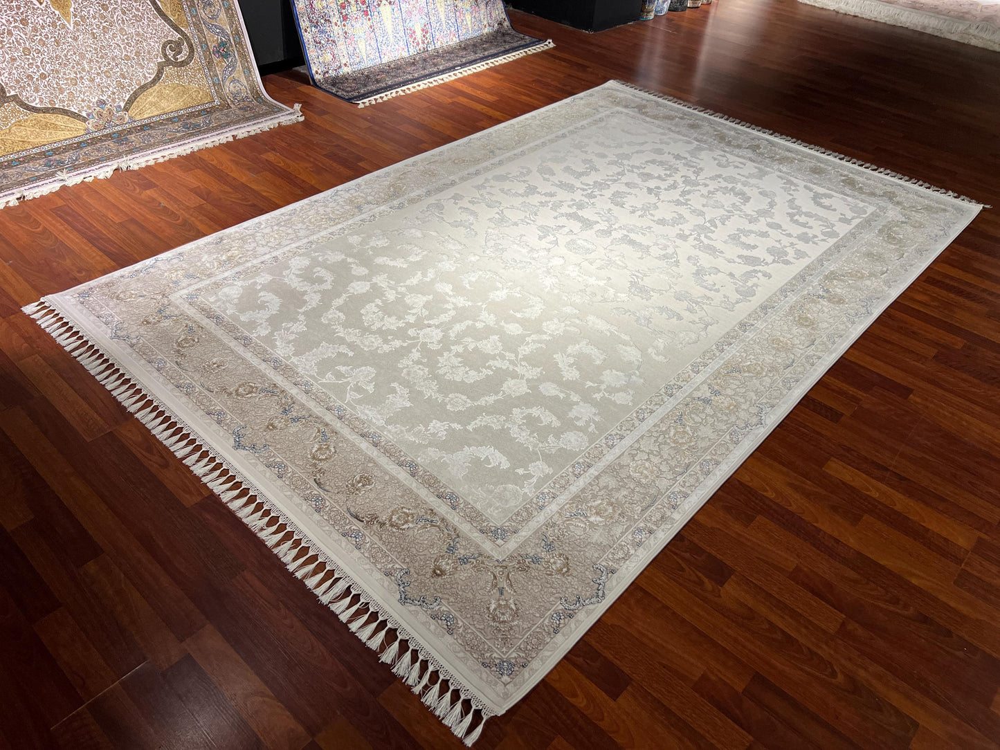 7x10 Beige Floral Rug, Bamboo Silk Rug, Turkish Area Rug, Luxury Living Room Rug, Large Rug
