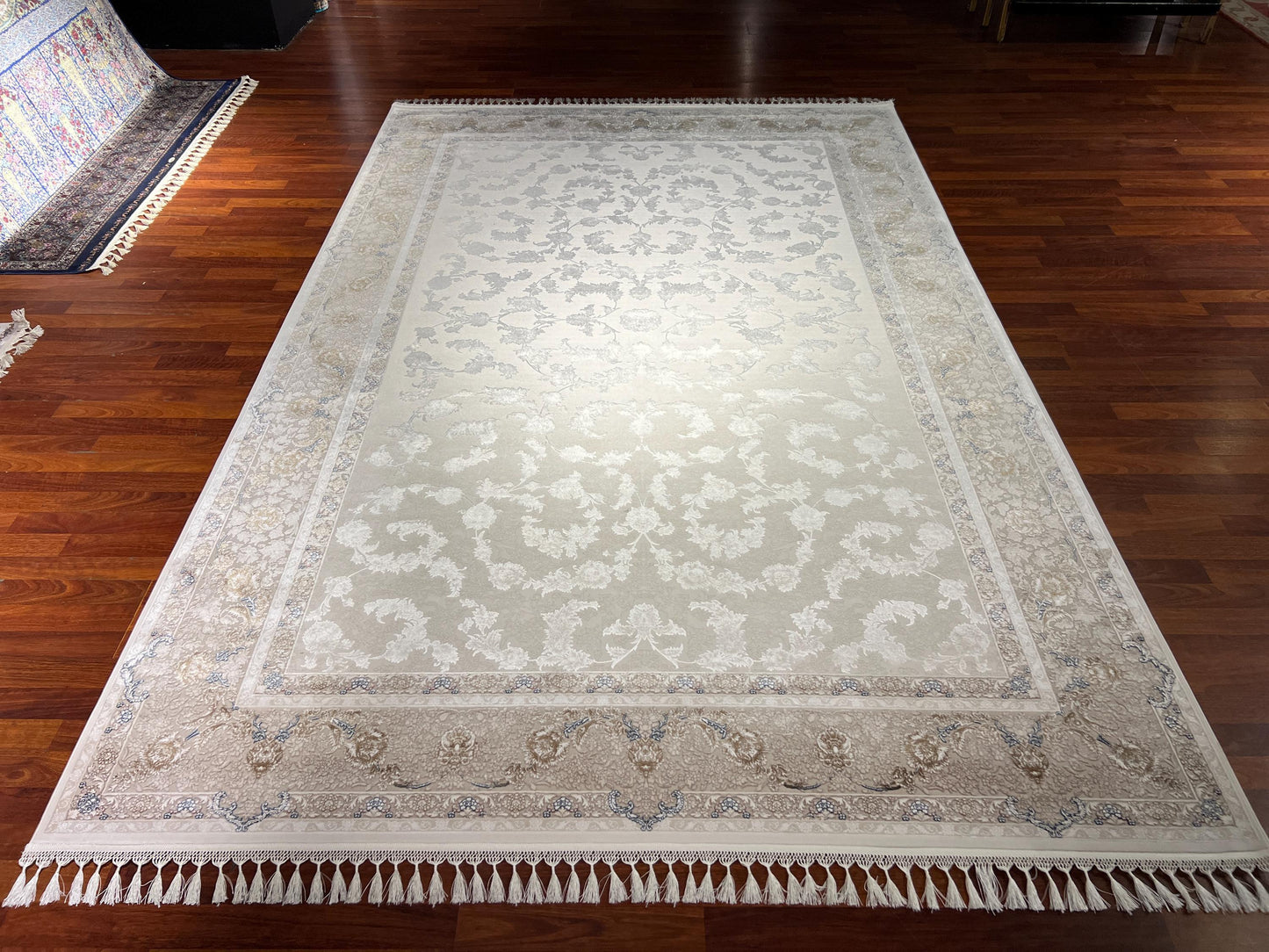 7x10 Beige Floral Rug, Bamboo Silk Rug, Turkish Area Rug, Luxury Living Room Rug, Large Rug