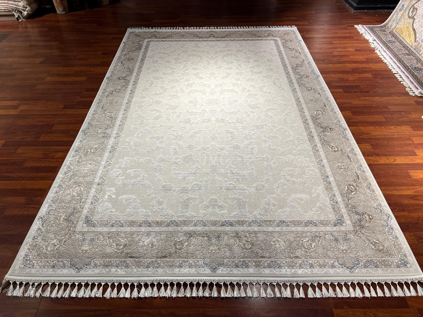 7x10 Beige Floral Rug, Bamboo Silk Rug, Turkish Area Rug, Luxury Living Room Rug, Large Rug