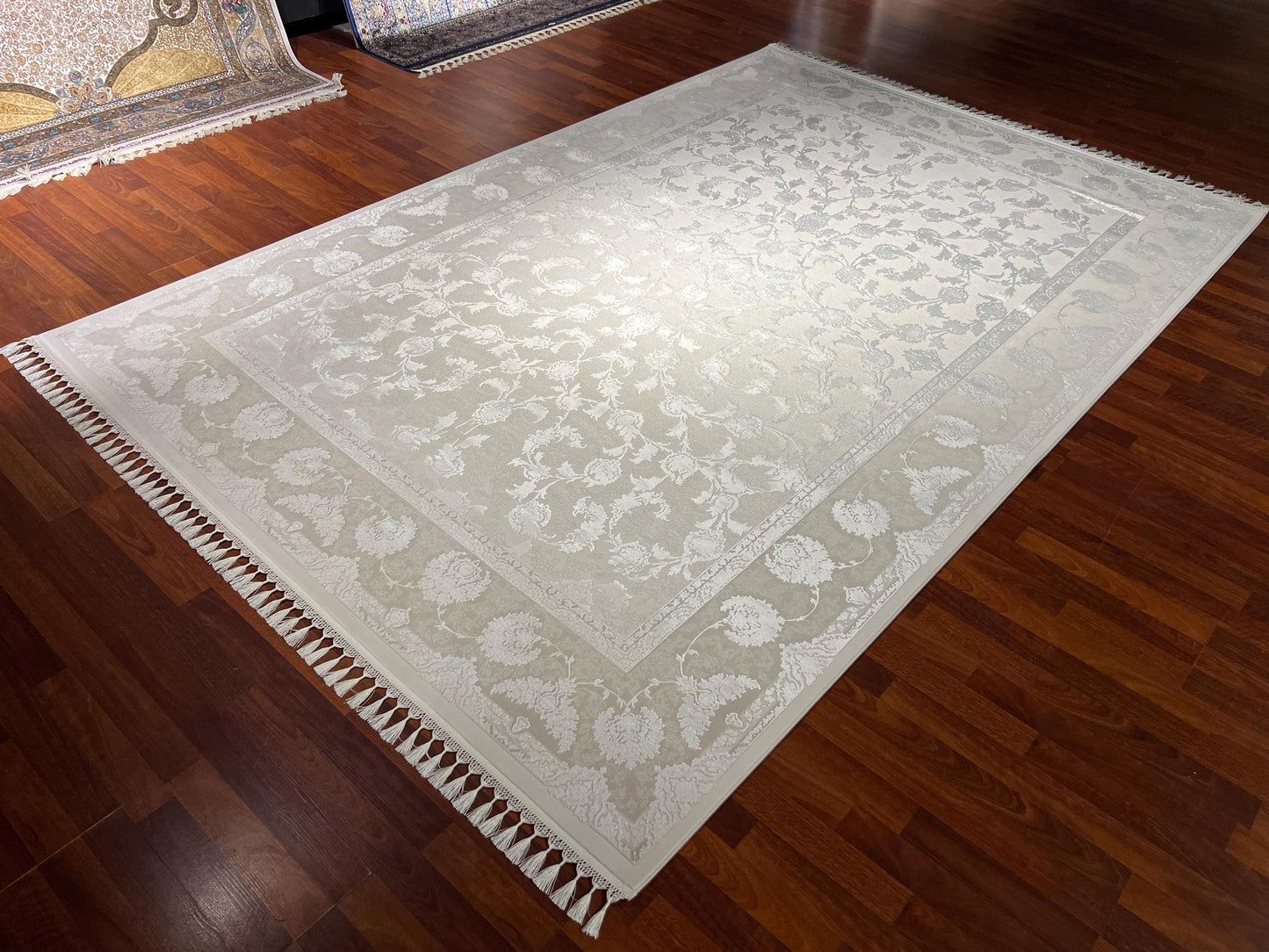 7x10 Ivory Beige Rug, Bamboo Silk Rug, Turkish Area Rug, Luxury Living Room Rug, Large Rug
