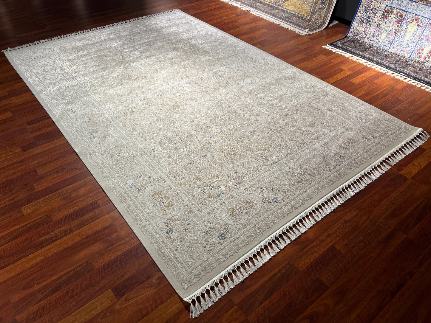 7x10 Cream Blue Rug, Bamboo Silk Rug, Turkish Area Rug, Luxury Living Room Rug, Large Rug
