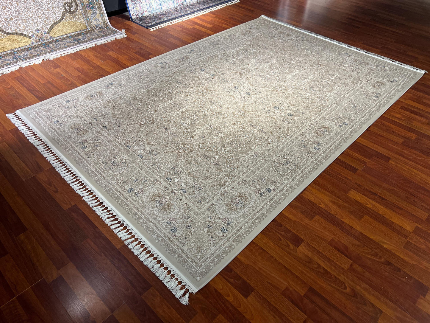 7x10 Cream Blue Rug, Bamboo Silk Rug, Turkish Area Rug, Luxury Living Room Rug, Large Rug