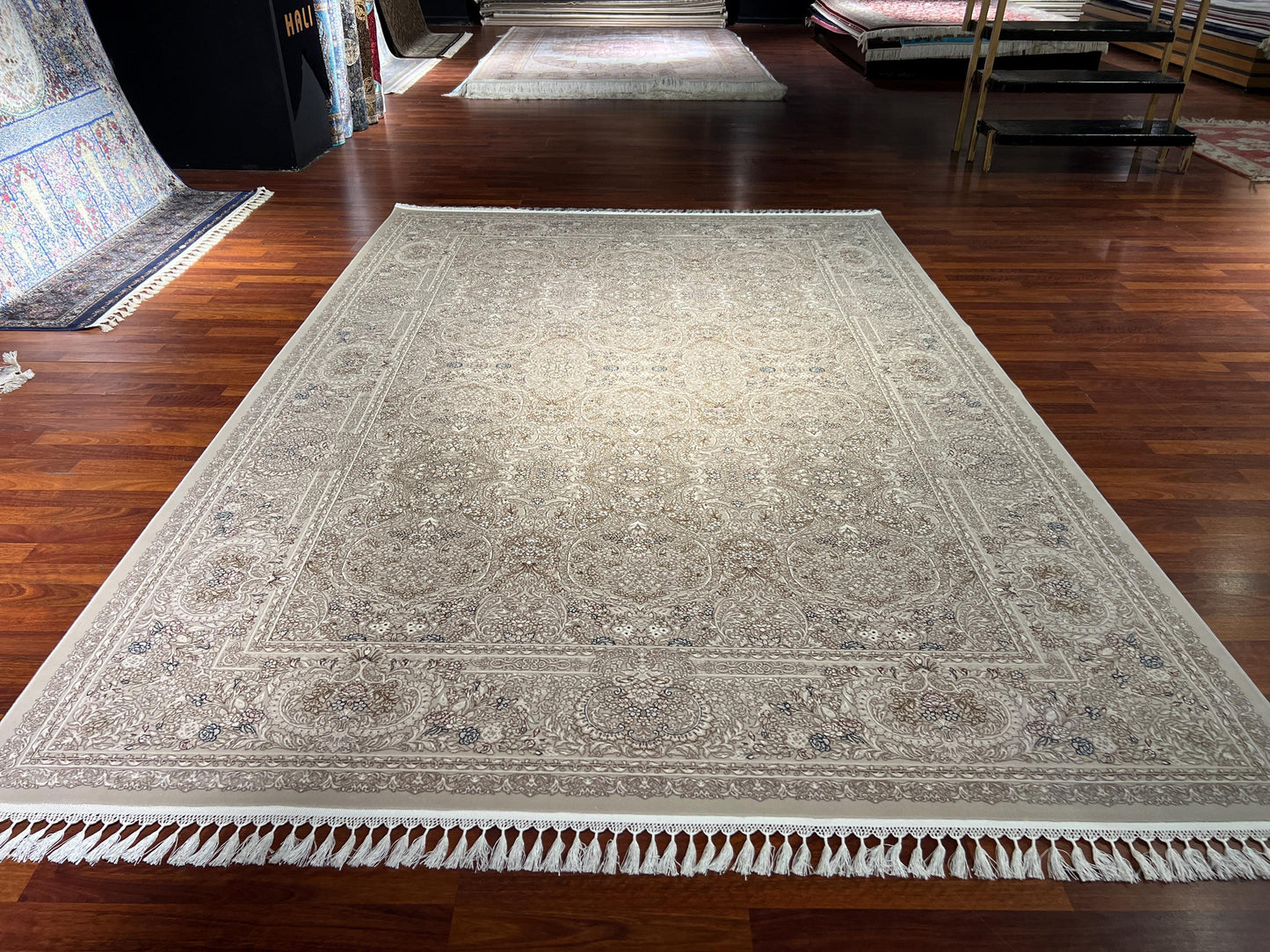 7x10 Cream Blue Rug, Bamboo Silk Rug, Turkish Area Rug, Luxury Living Room Rug, Large Rug