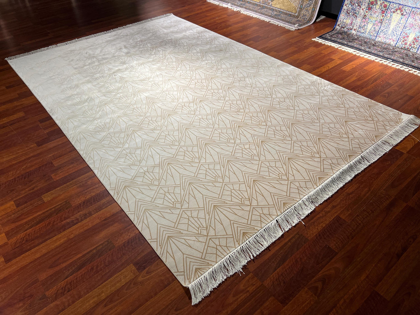 7x10 Cream Geometric Rug, Modern Bamboo Silk Rug, Turkish Area Rug, Luxury Living Room Rug, Large Rug