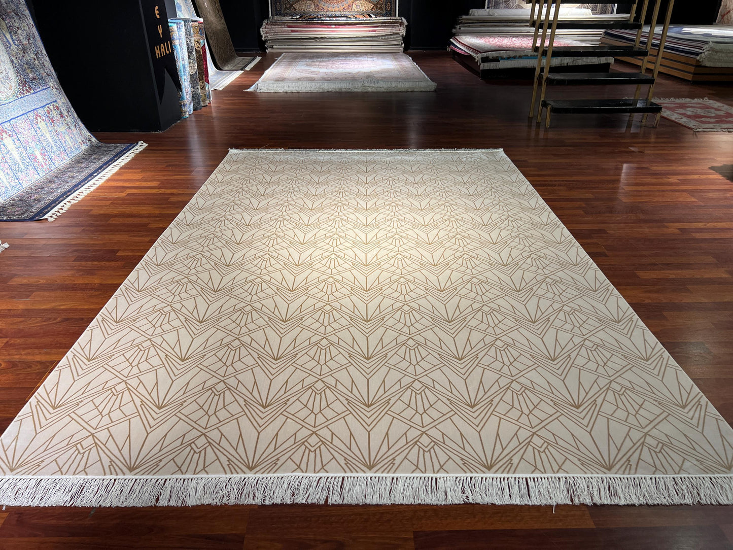 7x10 Cream Geometric Rug, Modern Bamboo Silk Rug, Turkish Area Rug, Luxury Living Room Rug, Large Rug