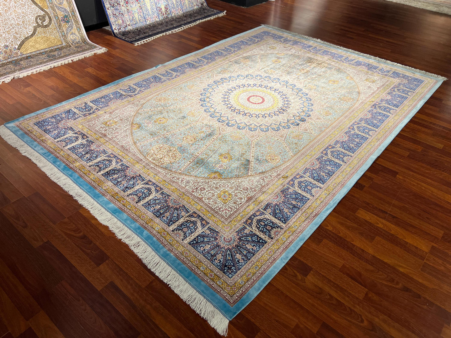 7x10 Blue Cream Silk Rug, Medallion Turkish Area Rug, Luxury Living Room Rug, Large Rug