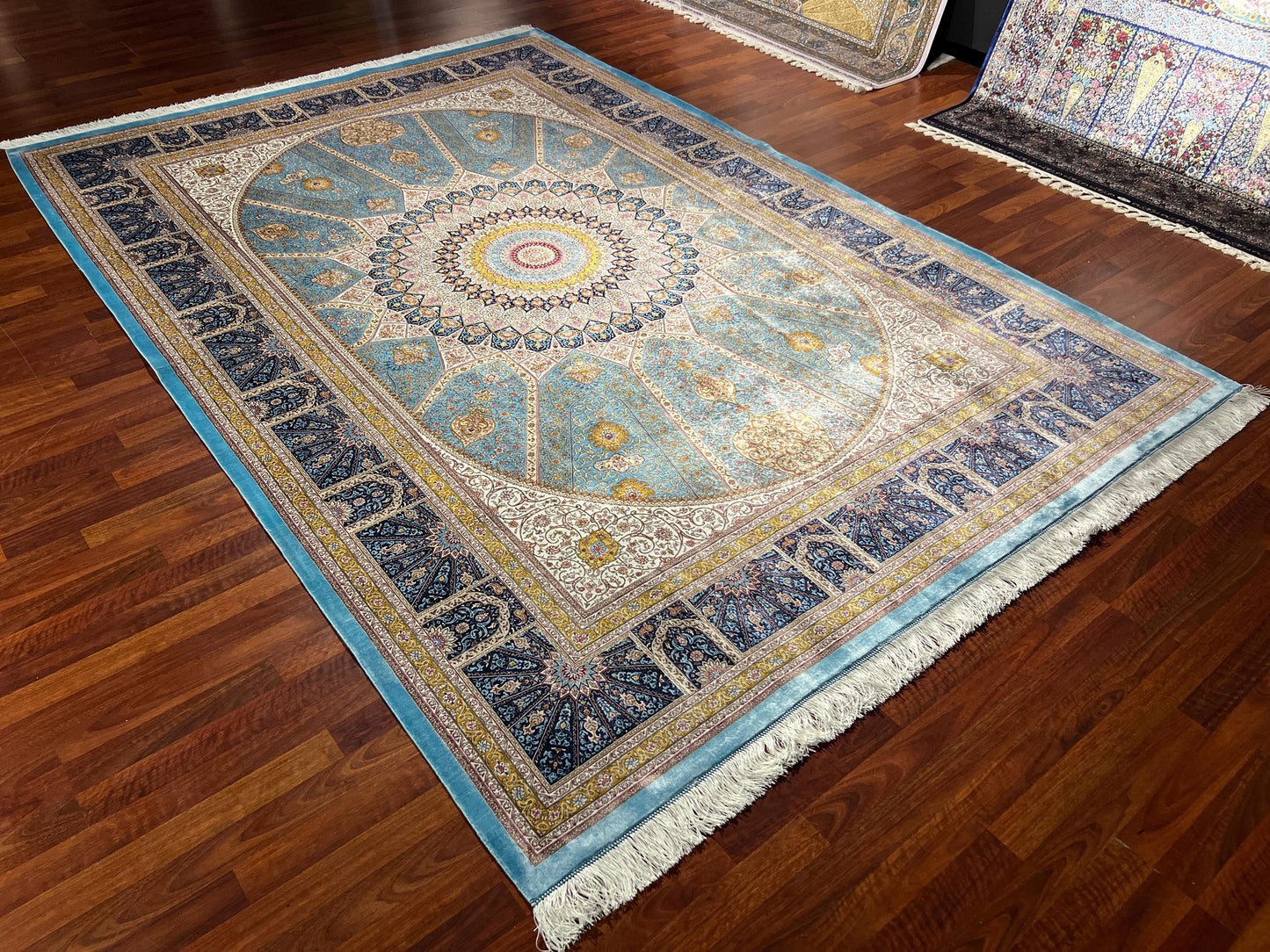 7x10 Blue Cream Silk Rug, Medallion Turkish Area Rug, Luxury Living Room Rug, Large Rug