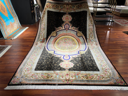 7x10 Black Gold Silk Rug, Floral Medallion Rug, Turkish Area Rug, Luxury Living Room Rug, Large Rug