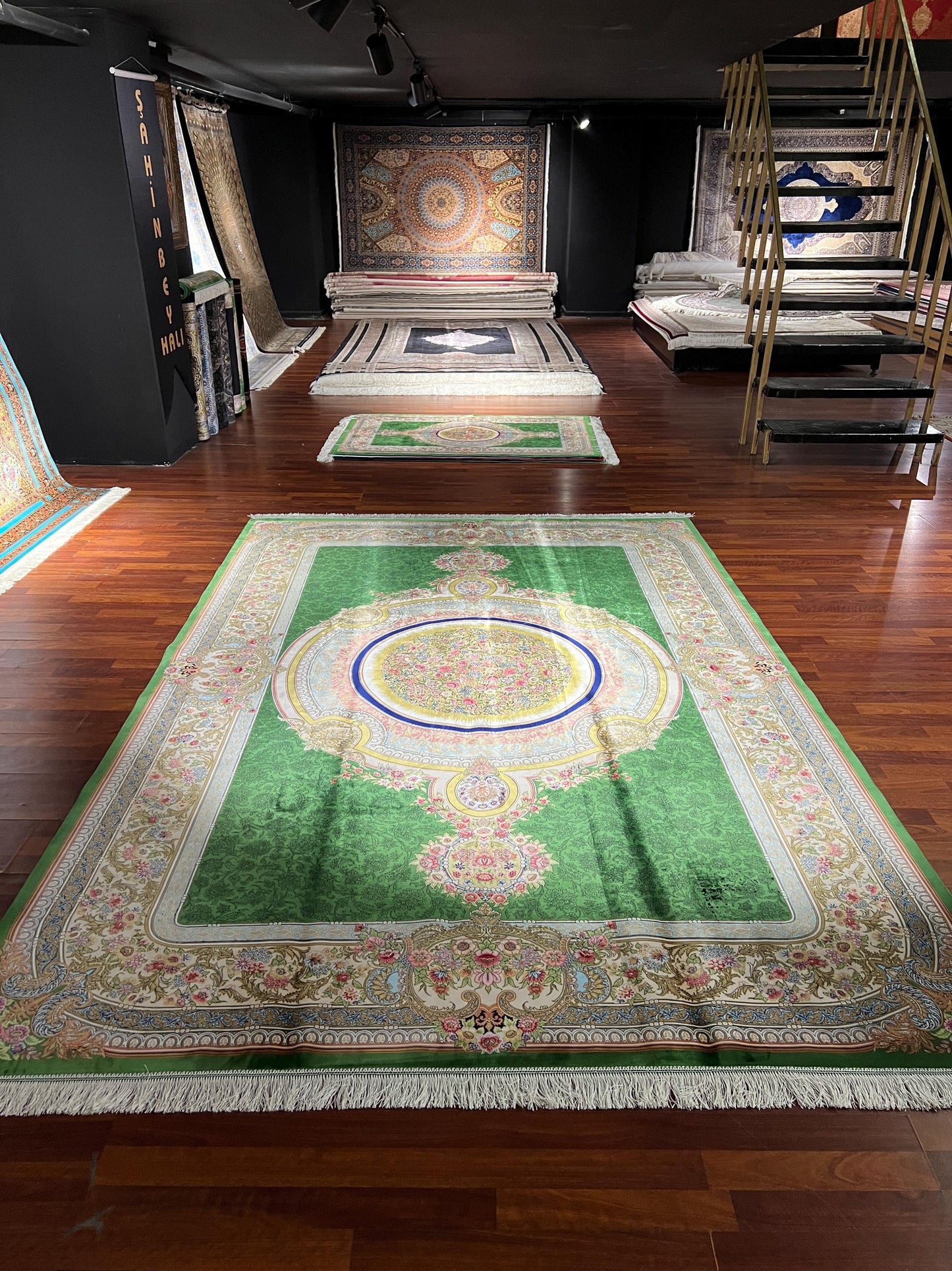 7x10 Green Silk Rug, Floral Medallion Rug, Turkish Area Rug, Luxury Living Room Rug, Large Rug