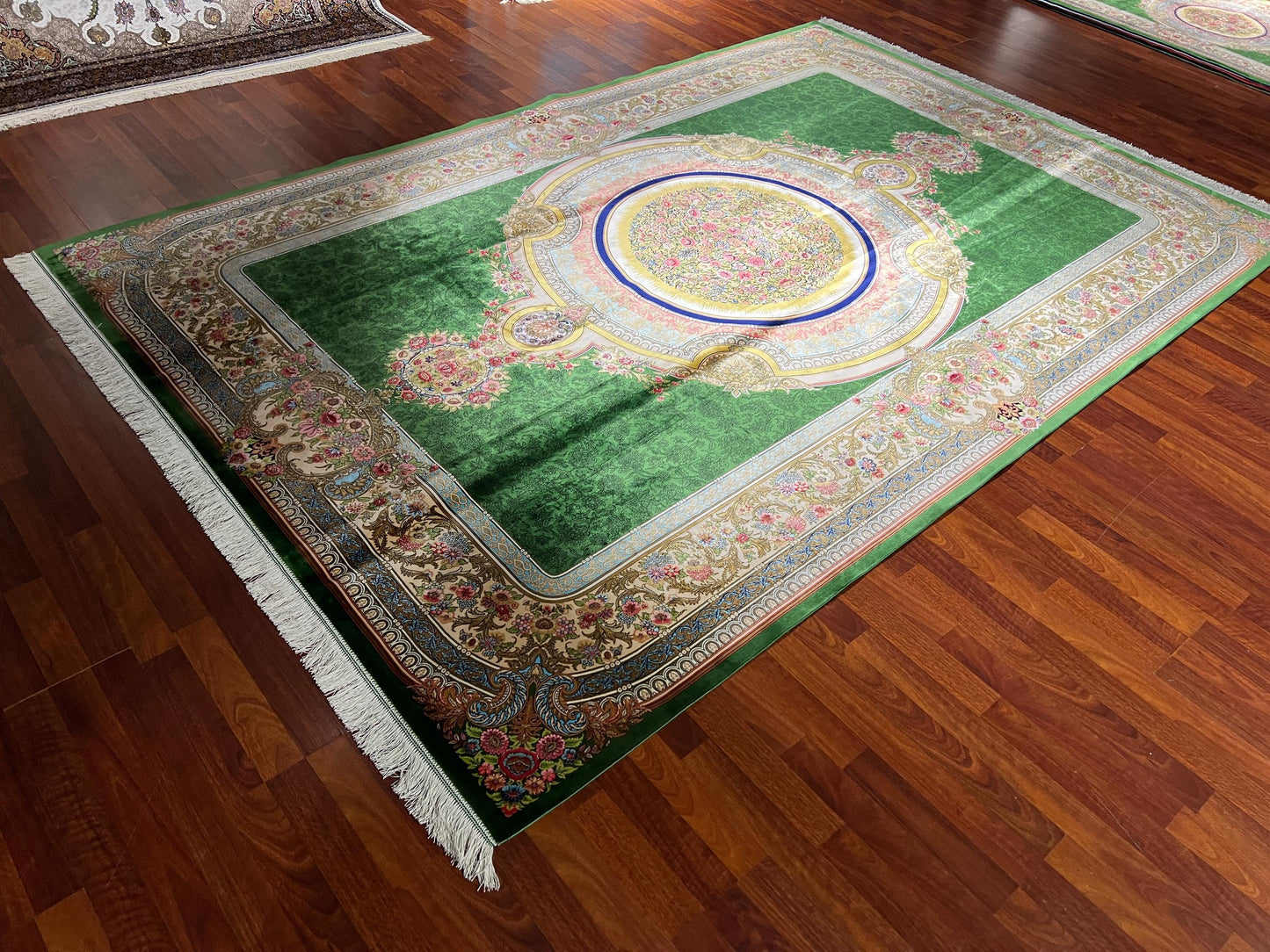 7x10 Green Silk Rug, Floral Medallion Rug, Turkish Area Rug, Luxury Living Room Rug, Large Rug