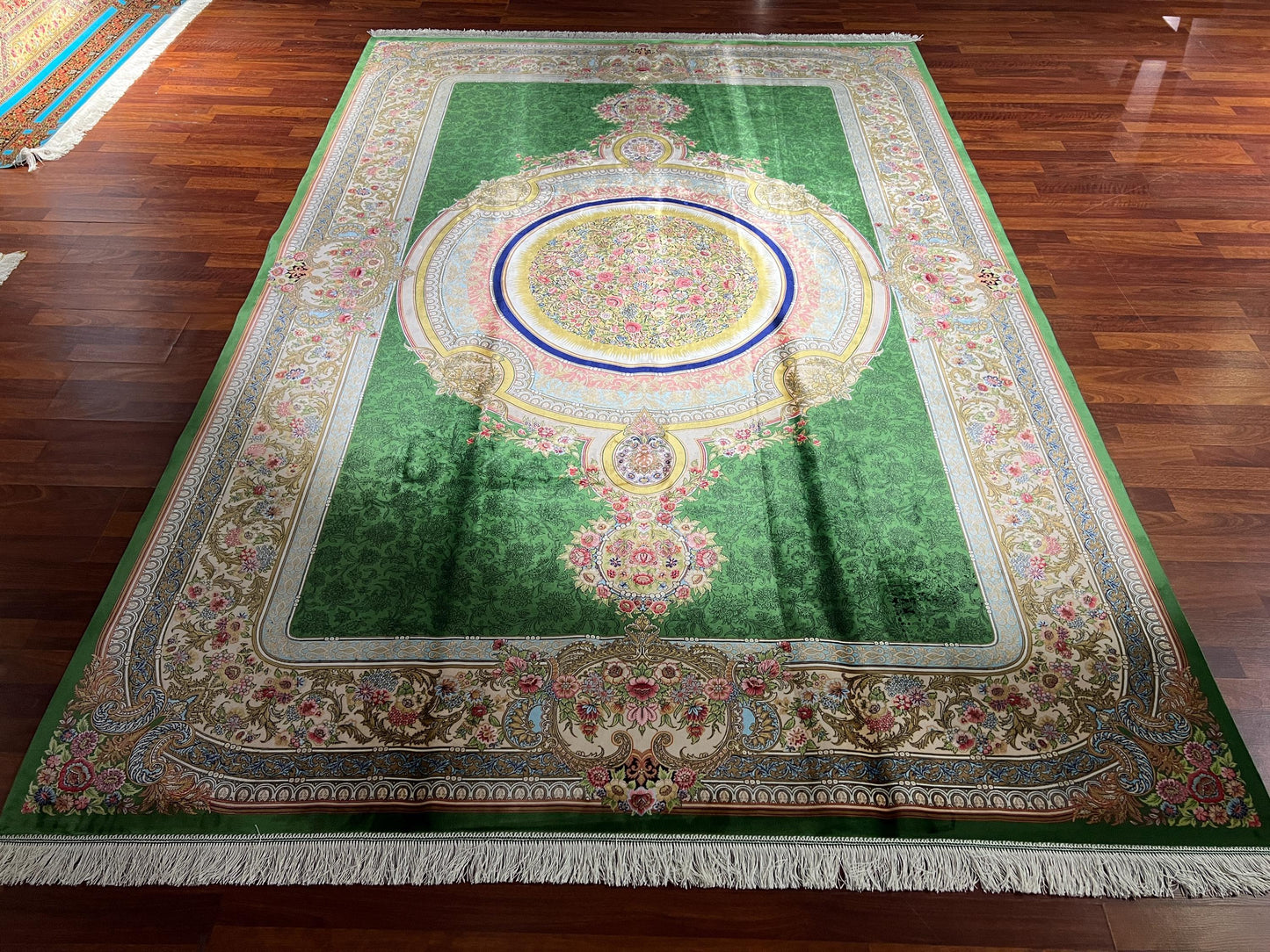 7x10 Green Silk Rug, Floral Medallion Rug, Turkish Area Rug, Luxury Living Room Rug, Large Rug