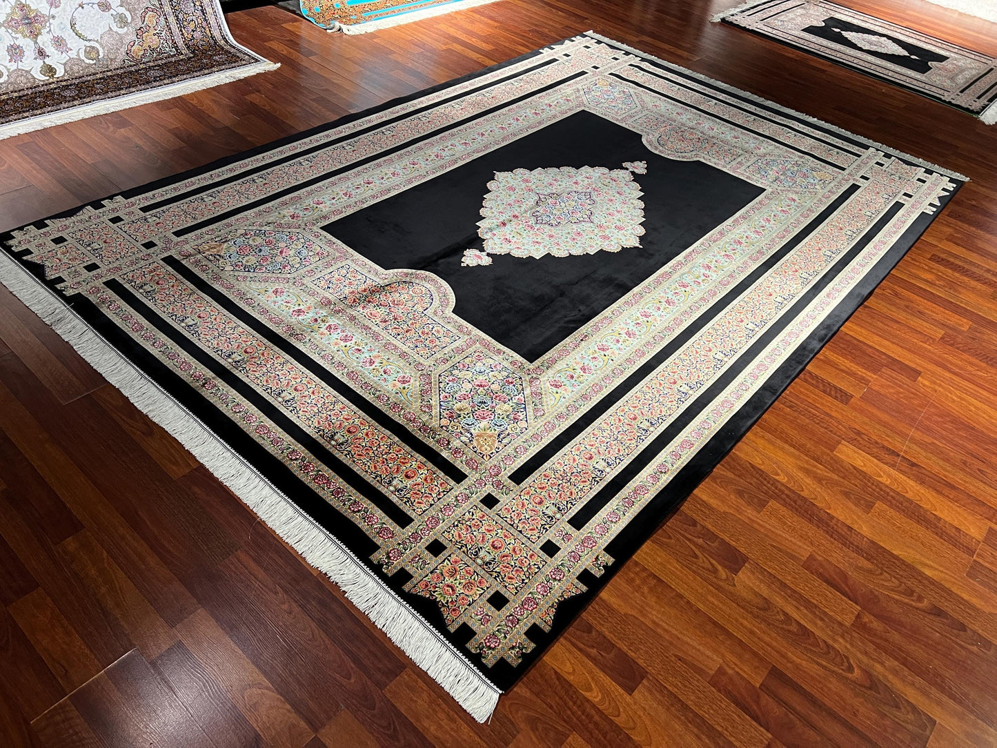 7x10 Black Silk Rug, Floral Medallion Rug, Turkish Area Rug, Luxury Living Room Rug, Large Rug
